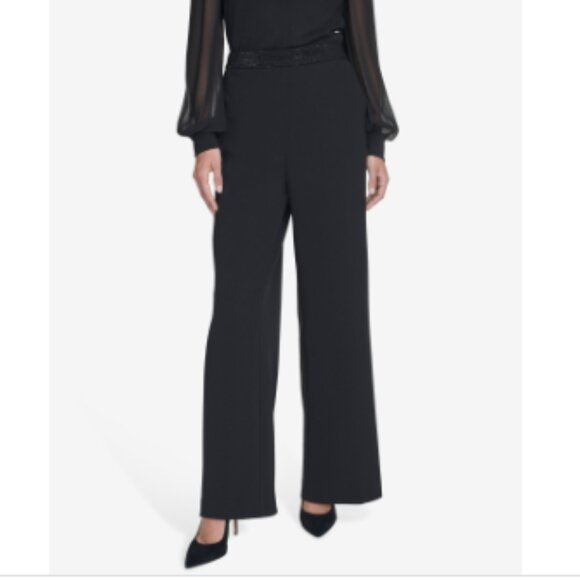 Halston Women's Rhinestone-Waistband Wide-Leg Pants - Black - Picture 8 of 8